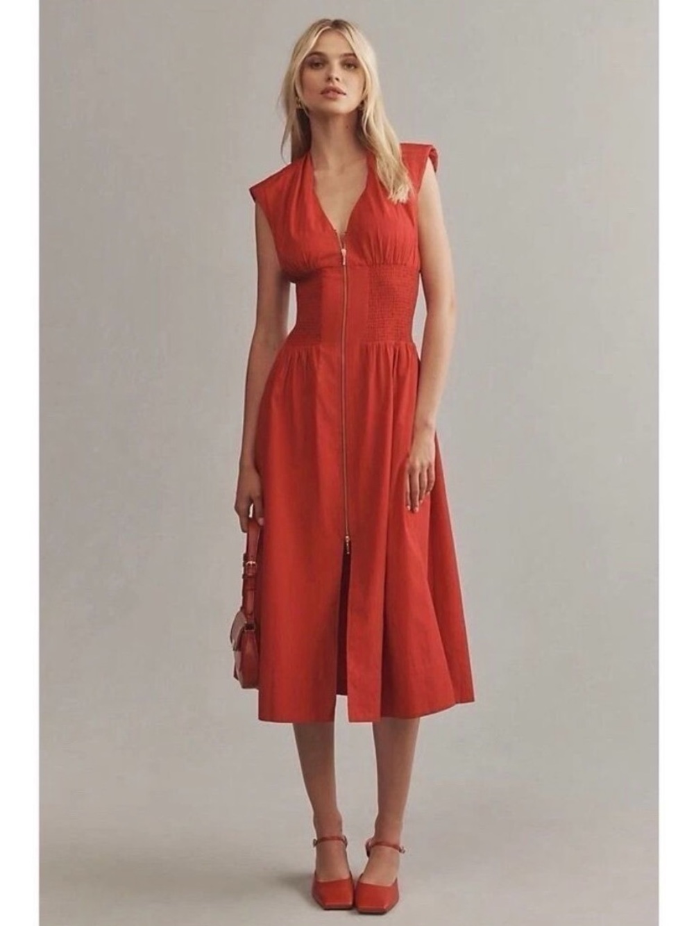 Anthropologie red gold zip front midi dress size small